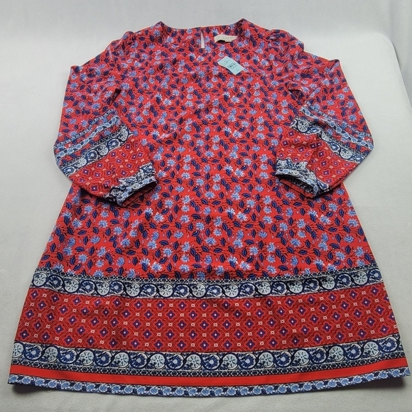 Loft petite red with border trim long sleeve shift dress - Picture 2 of 7